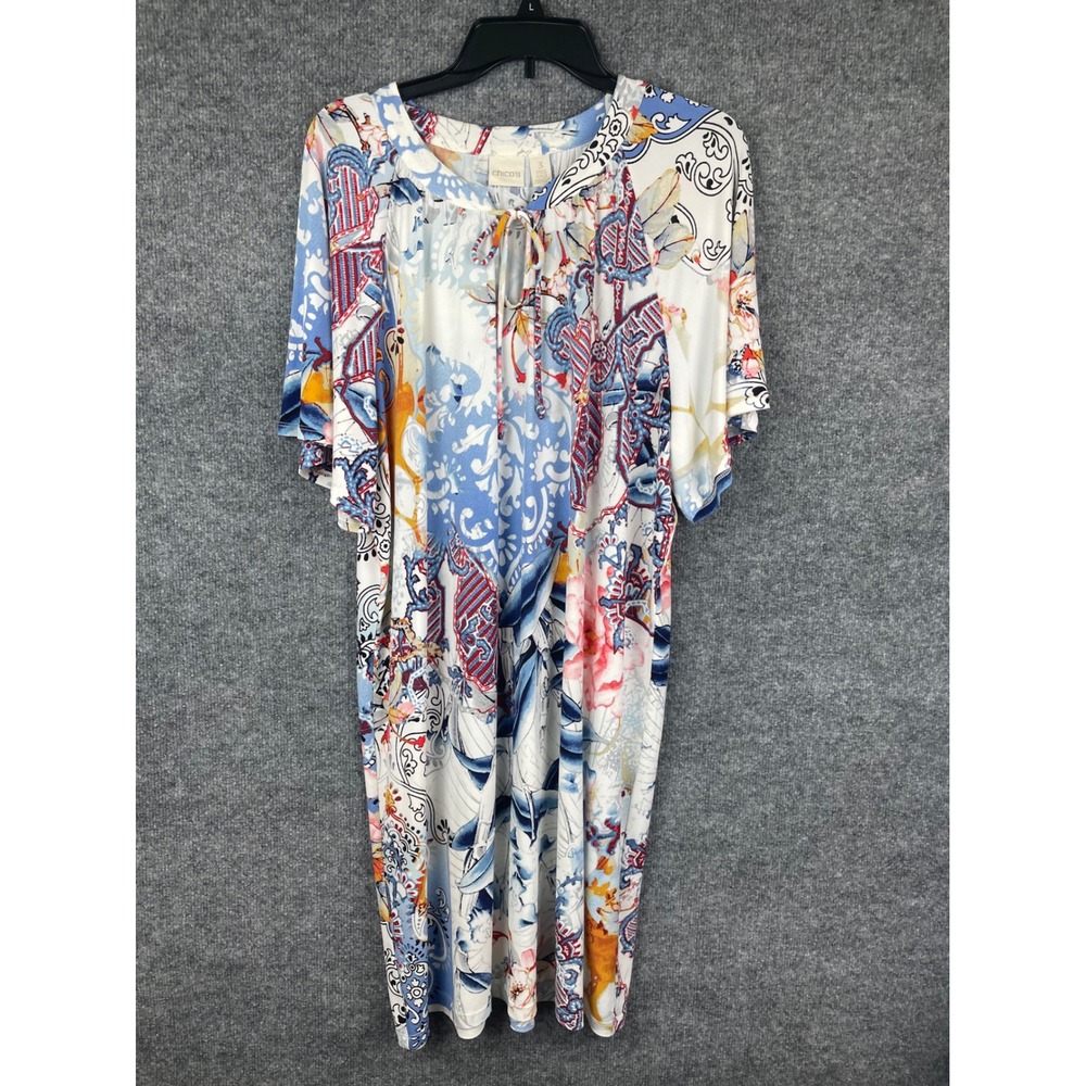 Chico's Shift Dress Women 3 XL Multi‎ Paisley Floral Tie Neck